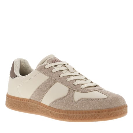Tennis beiges avec des empiècements marrons à talon plat et à lacets plats