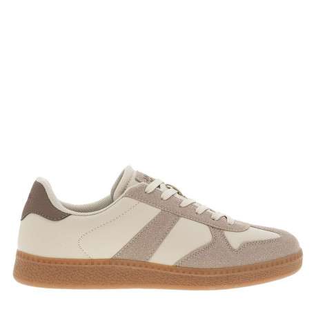 Tennis beiges avec des empiècements marrons à talon plat et à lacets plats - Image 2