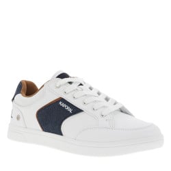 Tennis blanches avec des détails bleus denim à semelle plate et à lacets plats