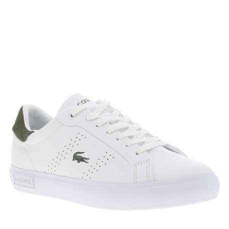 Tennis en cuir blanches avec le logo kaki imprimé à lacets plats - Image 3