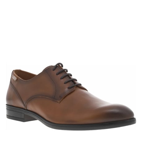 Derbies en cuir marrons avec un talon décroché bas et à bout droit