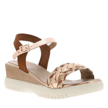 Nu-pieds en cuir bruns à semelle écrue avec talon compensé tresses roses - Image 3