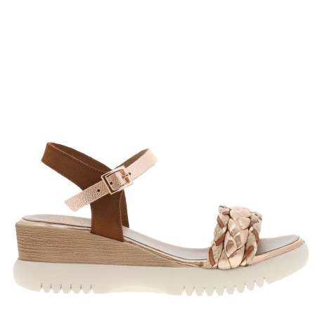 Nu-pieds en cuir bruns à semelle écrue avec talon compensé tresses roses - Image 2