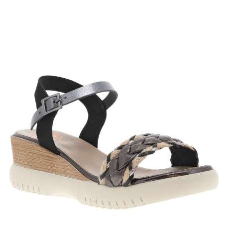 Nu-pieds en cuir noirs et beiges à talon compensé avec boucle à ardillon - Image 3