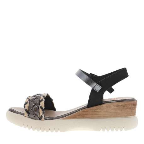 Nu-pieds en cuir noirs et beiges à talon compensé avec boucle à ardillon
