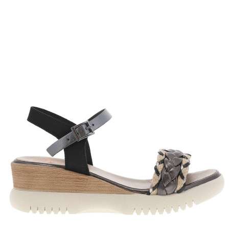 Nu-pieds en cuir noirs et beiges à talon compensé avec boucle à ardillon - Image 2
