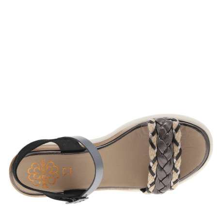Nu-pieds en cuir noirs et beiges à talon compensé avec boucle à ardillon - Image 4
