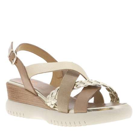 Nu-pieds en cuir taupe à talon compensé avec semelle crantée et lanières dorées - Image 3