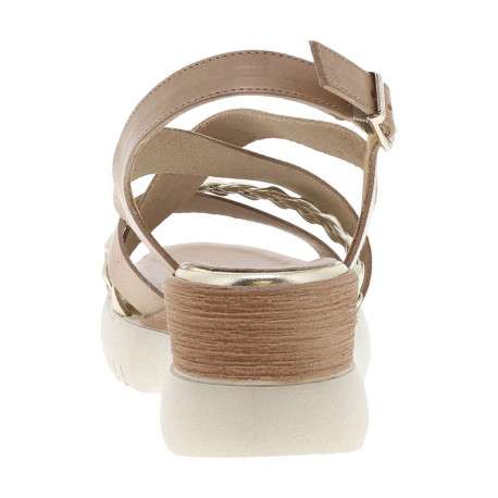 Nu-pieds en cuir taupe à talon compensé avec semelle crantée et lanières dorées - Image 6