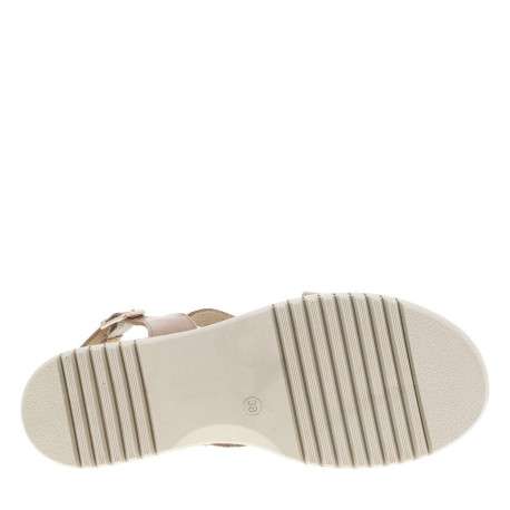 Nu-pieds en cuir taupe à talon compensé avec semelle crantée et lanières dorées - Image 5