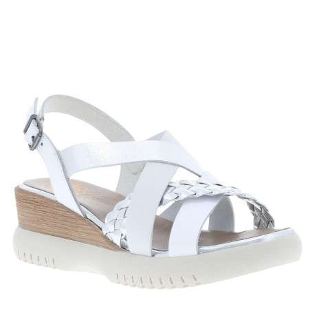 Nu-pieds en cuir blancs à semelle beige avec talon compensé et détails argentés - Image 3