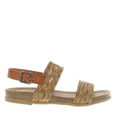 Nu-pieds en cuir sable à semelle marron plate avec à boucle à ardillon et strass - Image 2
