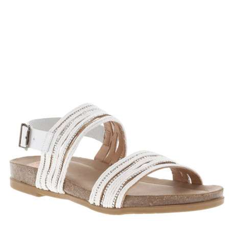 Nu-pieds en cuir blancs à talon plat avec semelle marron et strass brillants - Image 3