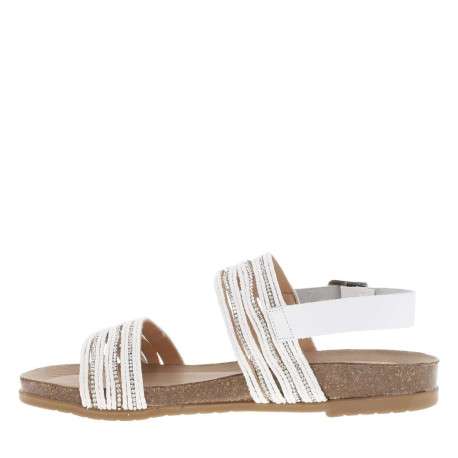 Nu-pieds en cuir blancs à talon plat avec semelle marron et strass brillants
