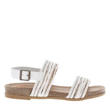 Nu-pieds en cuir blancs à talon plat avec semelle marron et strass brillants - Image 2