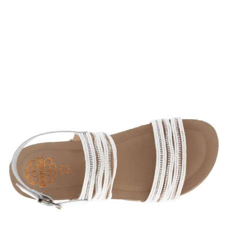 Nu-pieds en cuir blancs à talon plat avec semelle marron et strass brillants - Image 4