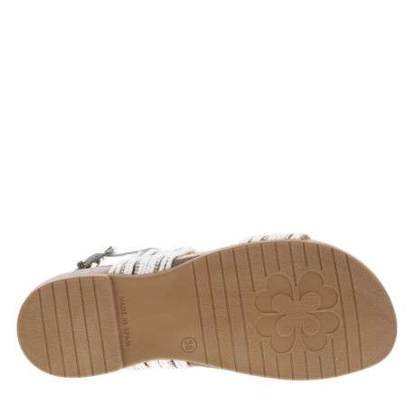Nu-pieds en cuir blancs à talon plat avec semelle marron et strass brillants - Image 5