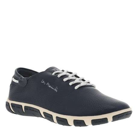 Tennis en cuir marine avec une écritures sur le côté et à lacets ronds rayés - Image 3