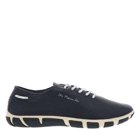 Tennis en cuir marine avec une écritures sur le côté et à lacets ronds rayés - Image 2