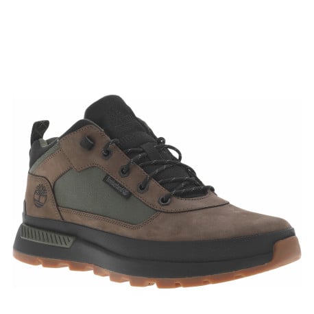 Sneakers en cuir marrons et noires avec des détails kakis et à lacets ronds