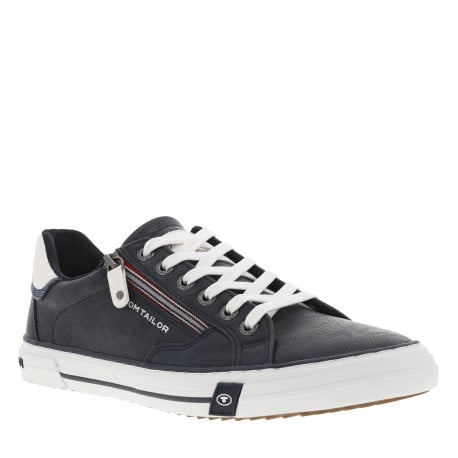 Tennis bleues marine avec un zip tricolore à lacets plats blancs