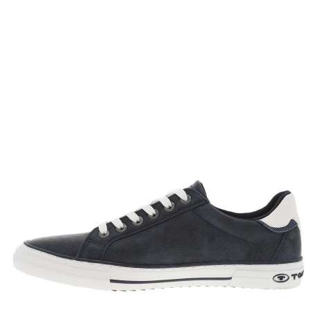 Tennis bleues marine avec un zip tricolore à lacets plats blancs