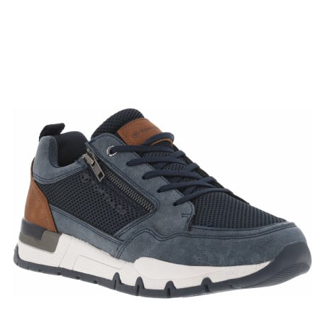 Sneakers bleues marine à empiècements en filet et à lacets plats avec un zip