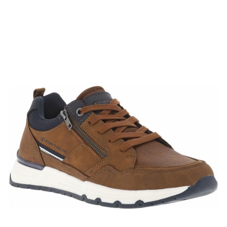 Sneakers camel avec des détails bleus marine et un zip à semelle plate