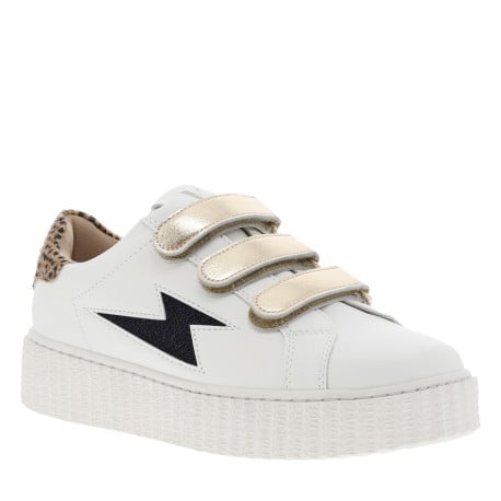 Sneakers blanches à talon léopard et à bandes auto-agrippantes or satinées