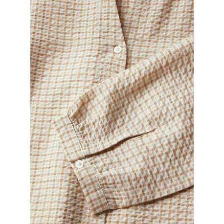 Chemisier beige carreaux à coupe droite avec un col v et des manches longues - Image 6