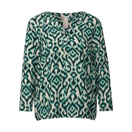 T-shirt vert avec des motifs géométriques à coupe droite et avec un col v