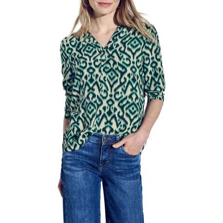 T-shirt vert avec des motifs géométriques à coupe droite et avec un col v - Image 3