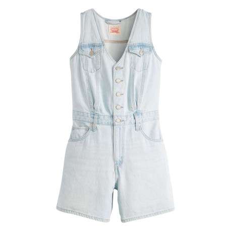 Combishort en coton bleue unie avec une coupe droite et un col v