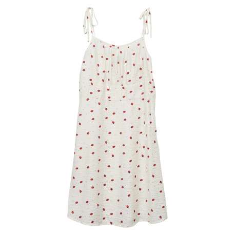 Robe courte écrue avec des motifs de fraises une coupe droite et un col carré