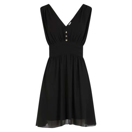Robe sans manches courte noire unie avec une coupe droite et un col v