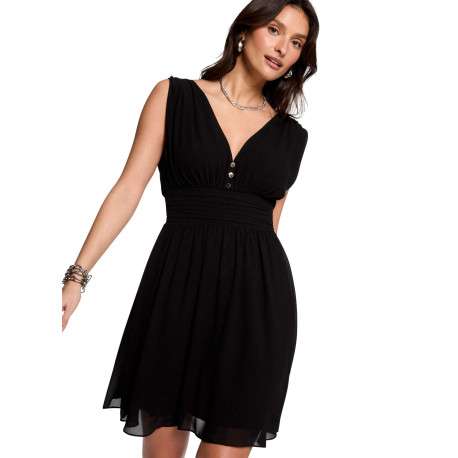 Robe sans manches courte noire unie avec une coupe droite et un col v - Image 5