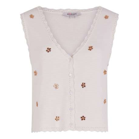 Top blanc uni avec une coupe droite un col v et sans manches