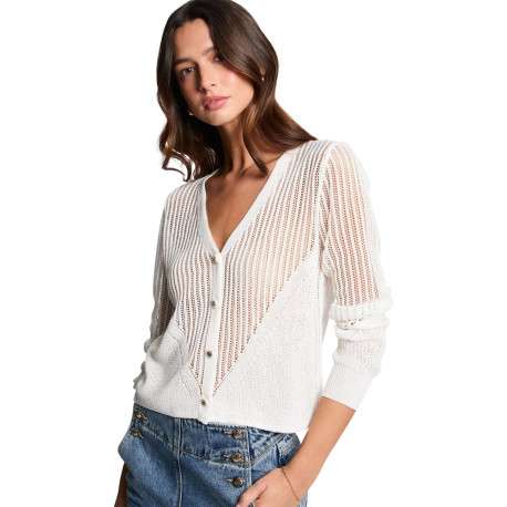 Gilet manches longues en coton écru uni avec une coupe droite et un col v - Image 3