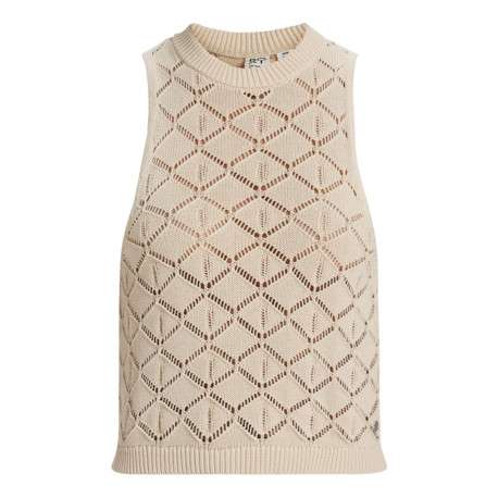 Débardeur en coton écru en maille ajourée avec une coupe droite et un col rond