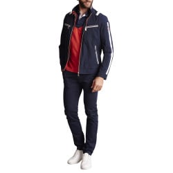 Blouson en coton bleu marine uni à détails blancs et à col montant