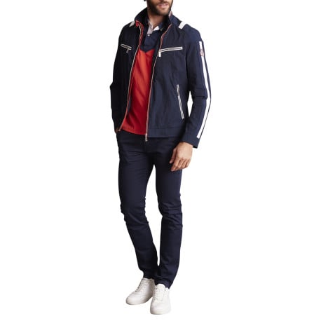 Blouson en coton bleu marine uni à détails blancs et à col montant