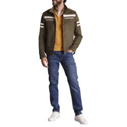 Blouson en coton kaki uni en suède avec des bandes blanches et un col montant