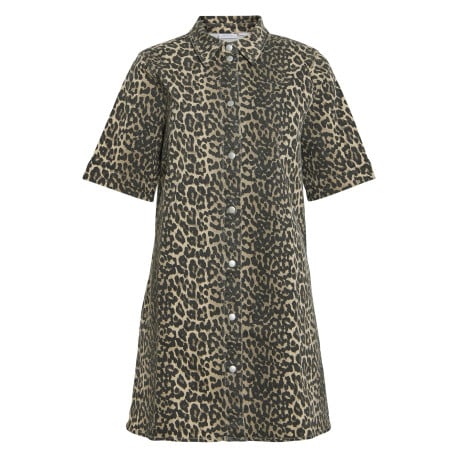 Robe courte léopard en faux denim à coupe droite et à col à revers