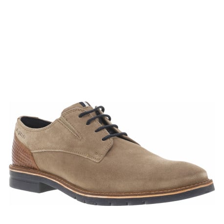Derbies taupe en suède à talon décroché bas et à lacets ronds bleus marine