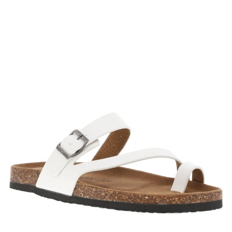 Mules blanches ouvertes à sangles avec une boucle à ardillon et à talon plat