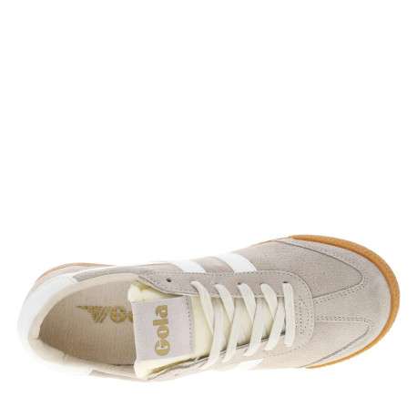 Tennis en cuir beiges en daim à détails blancs et à semelle plate miel - Image 4