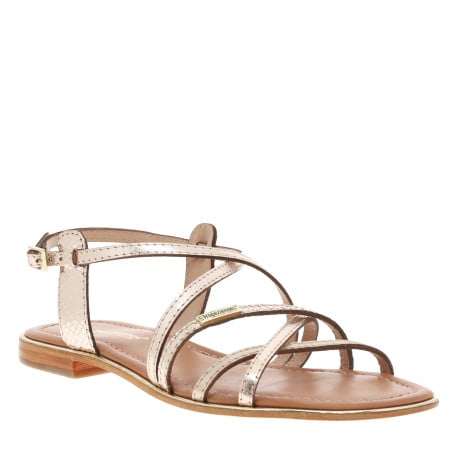 Sandales en cuir or roses avec des sangles croisées et à talon décroché bas