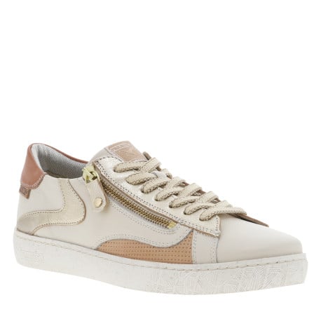 Tennis en cuir beiges à détails or et à lacets plats avec un zip