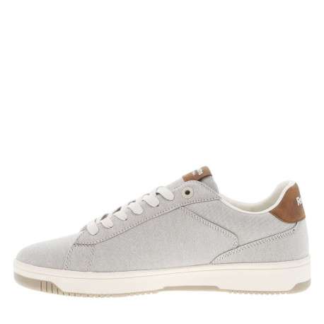 Tennis en toile basses grèges à talon camel et à lacets plats écrus
