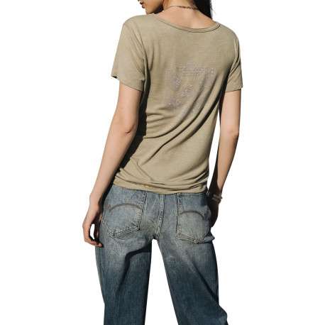 T-shirt kaki uni avec une coupe droite à col v et des manches courtes - Image 4